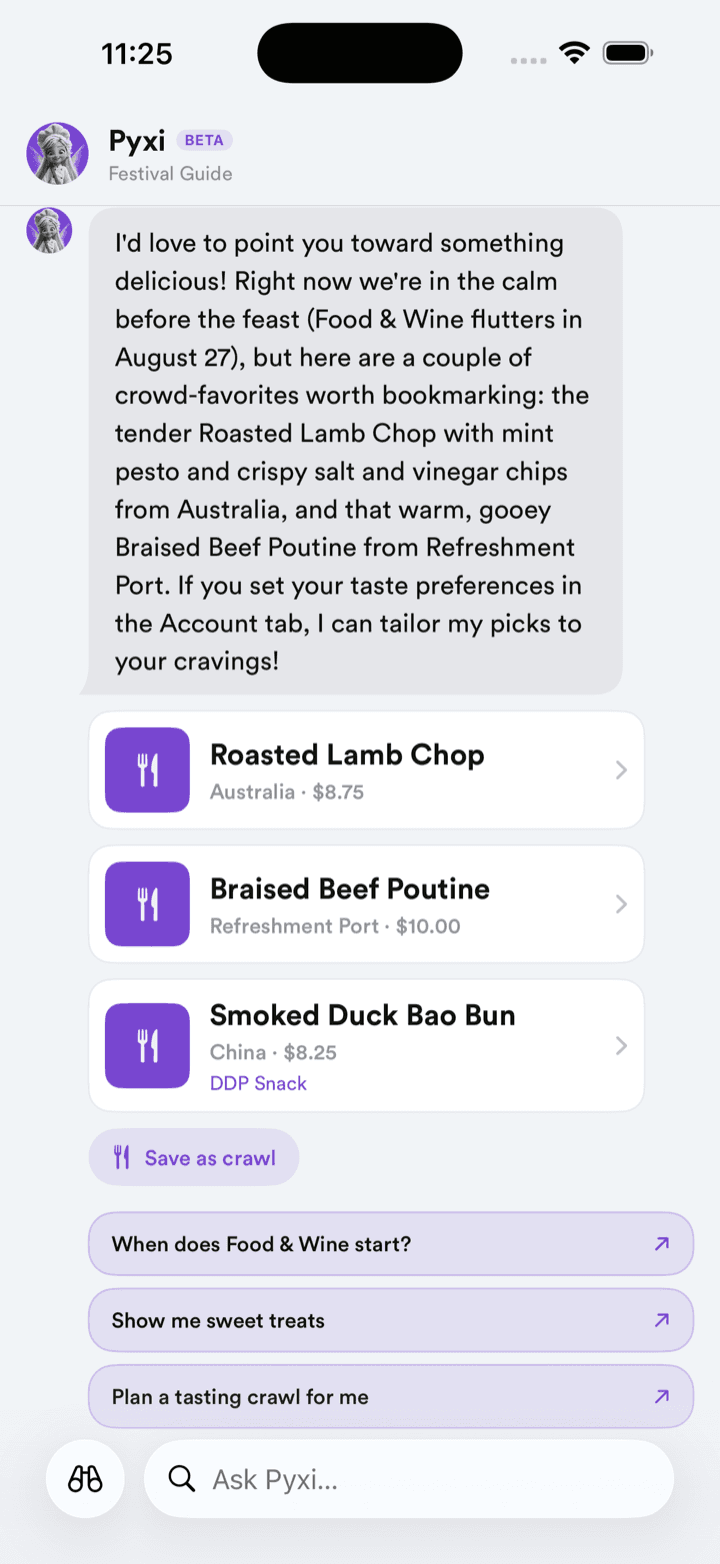 The Pyxi chat in the WDW Planner app suggesting Food and Wine Festival dishes like roasted lamb chop and braised beef poutine