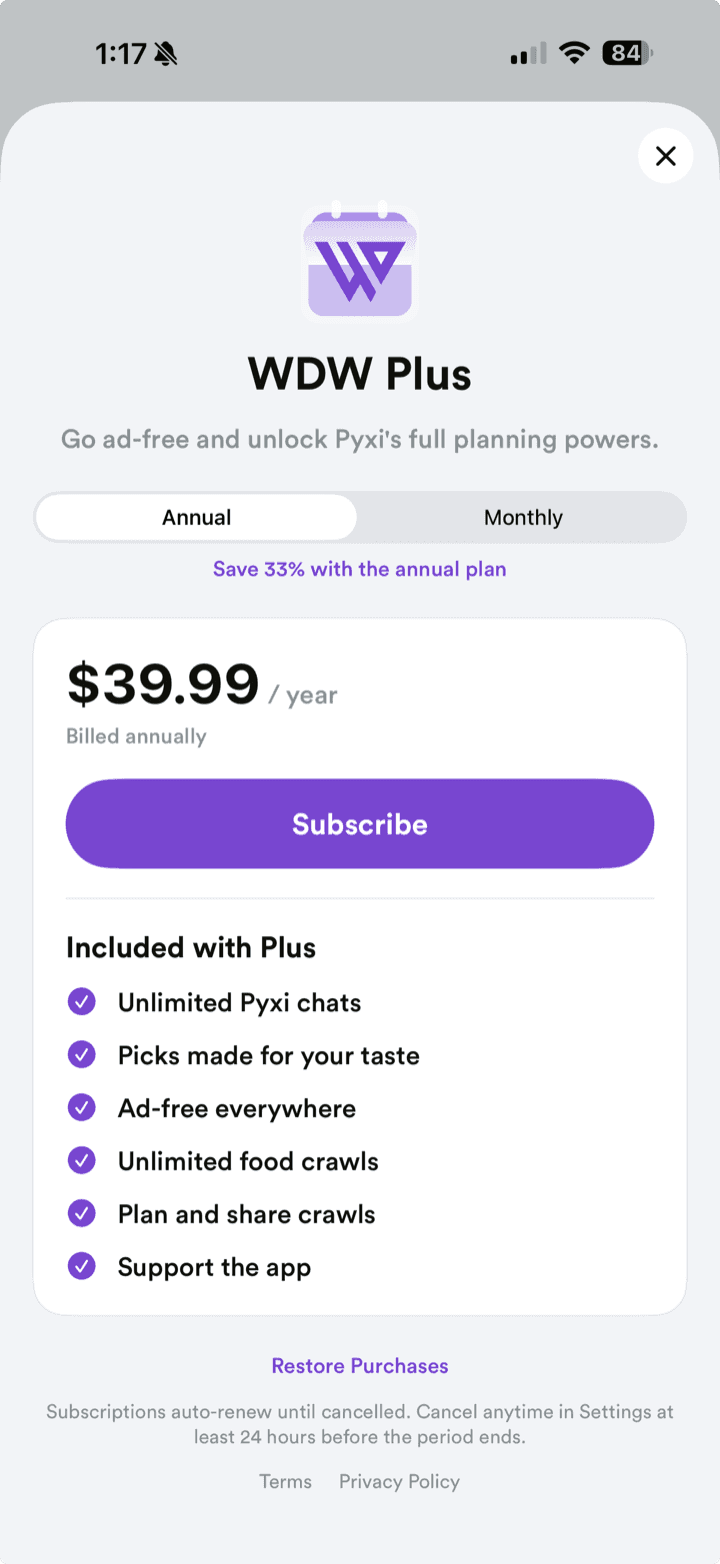 The WDW Plus upgrade screen in the app, with annual and monthly options